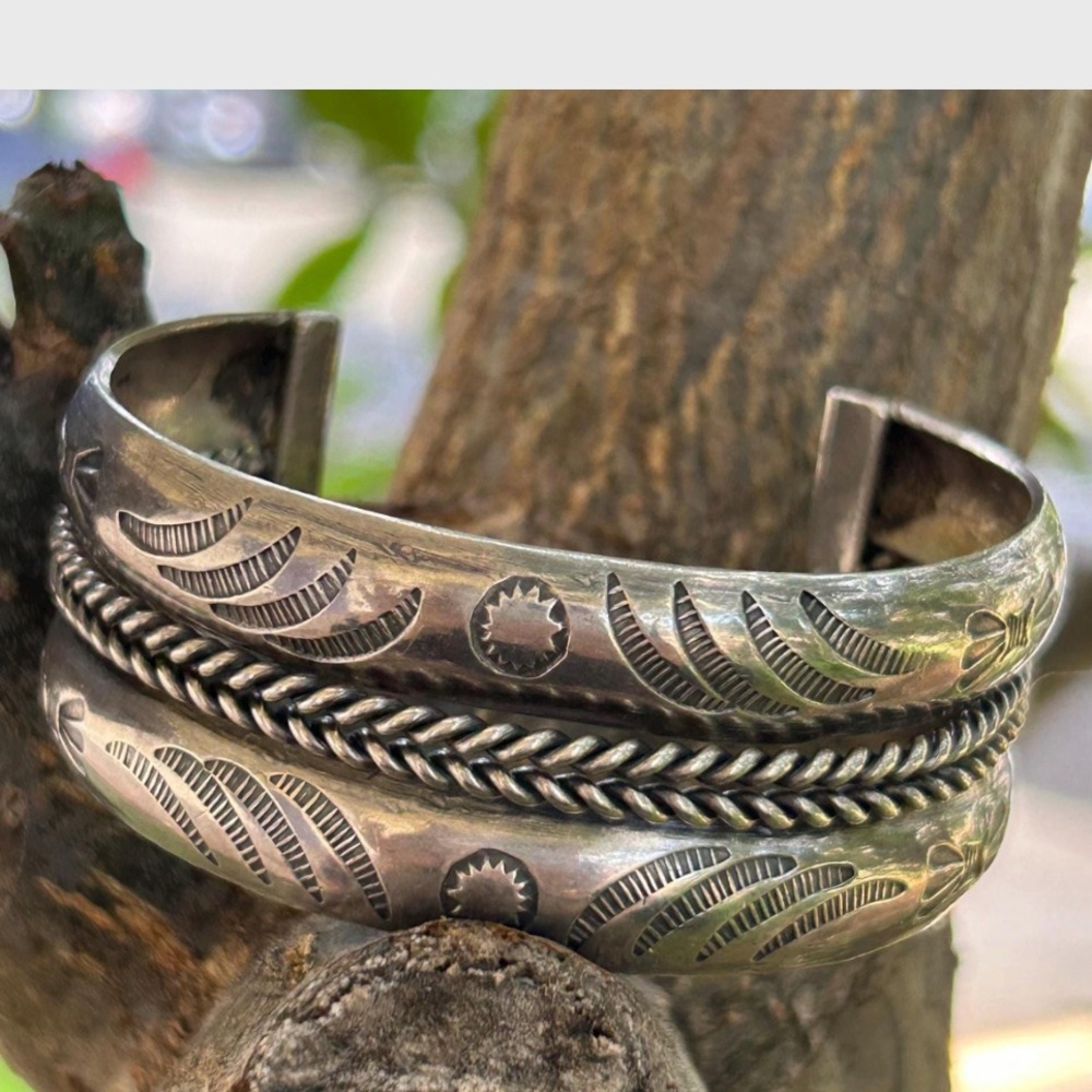 sterling silver native America style carinated stamped braided cuff bracelet